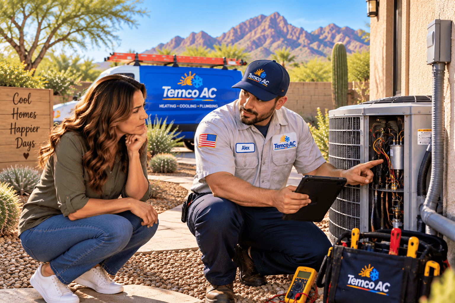 Temco AC technician diagnosing an outdoor air conditioning unit for a Tucson homeowner