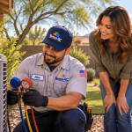 Temco AC technician performing an AC tune-up at a Tucson-area home