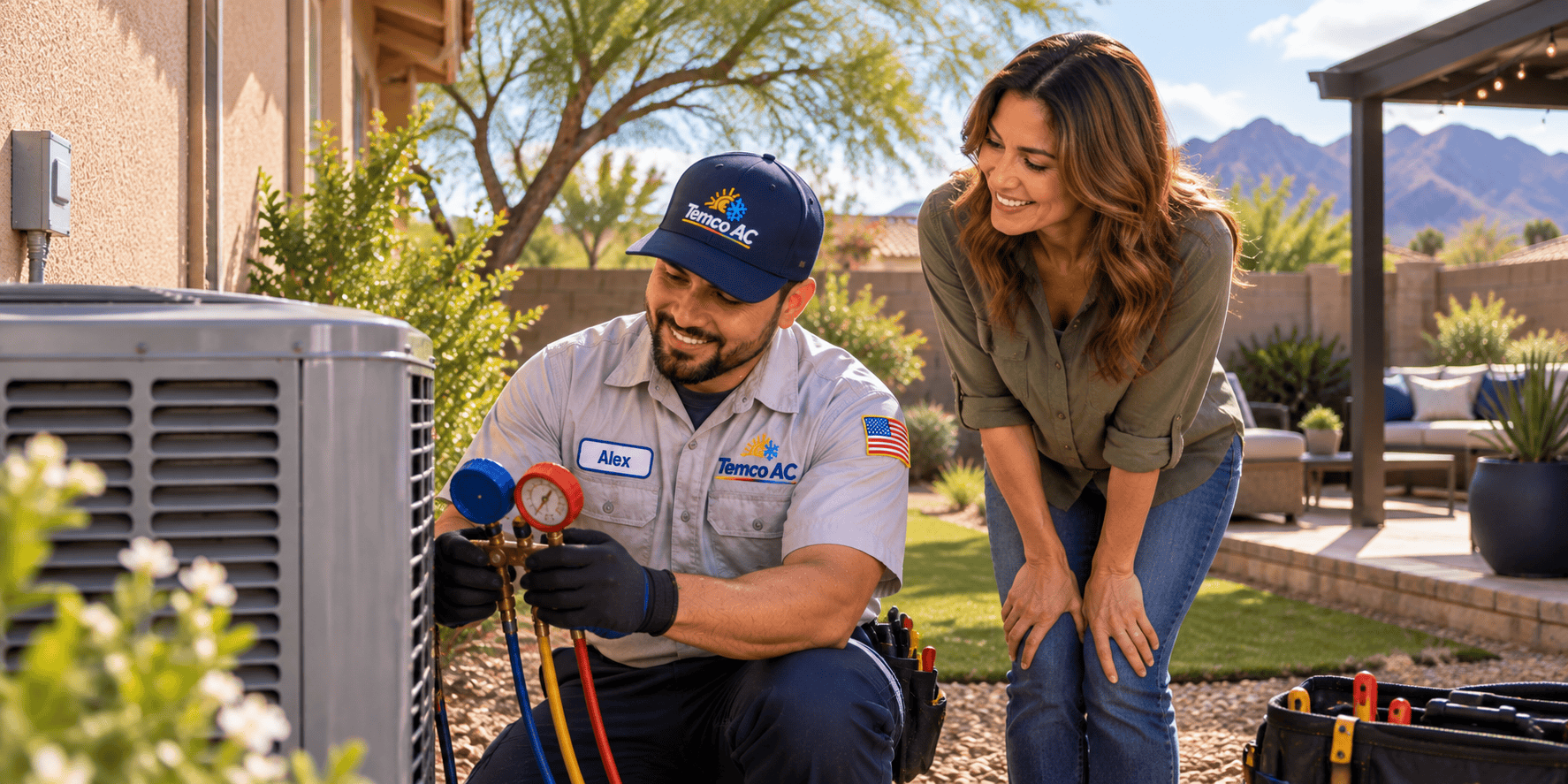 Temco AC technician performing an AC tune-up at a Tucson-area home