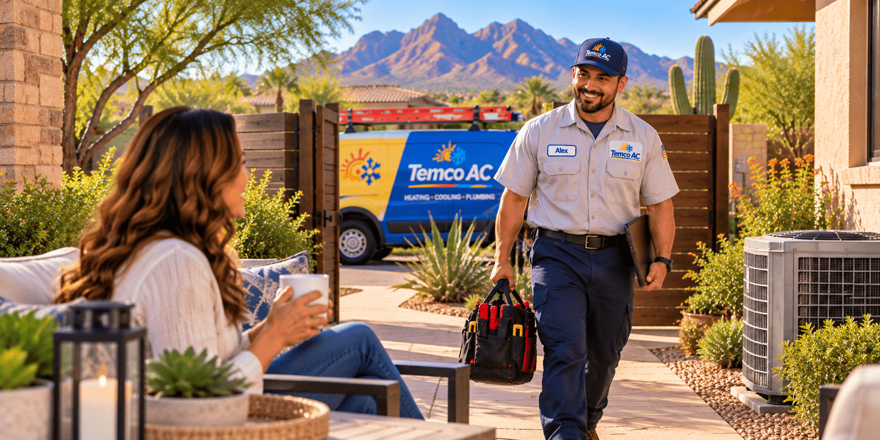 Temco AC technician arriving to provide HVAC service at a Tucson-area home