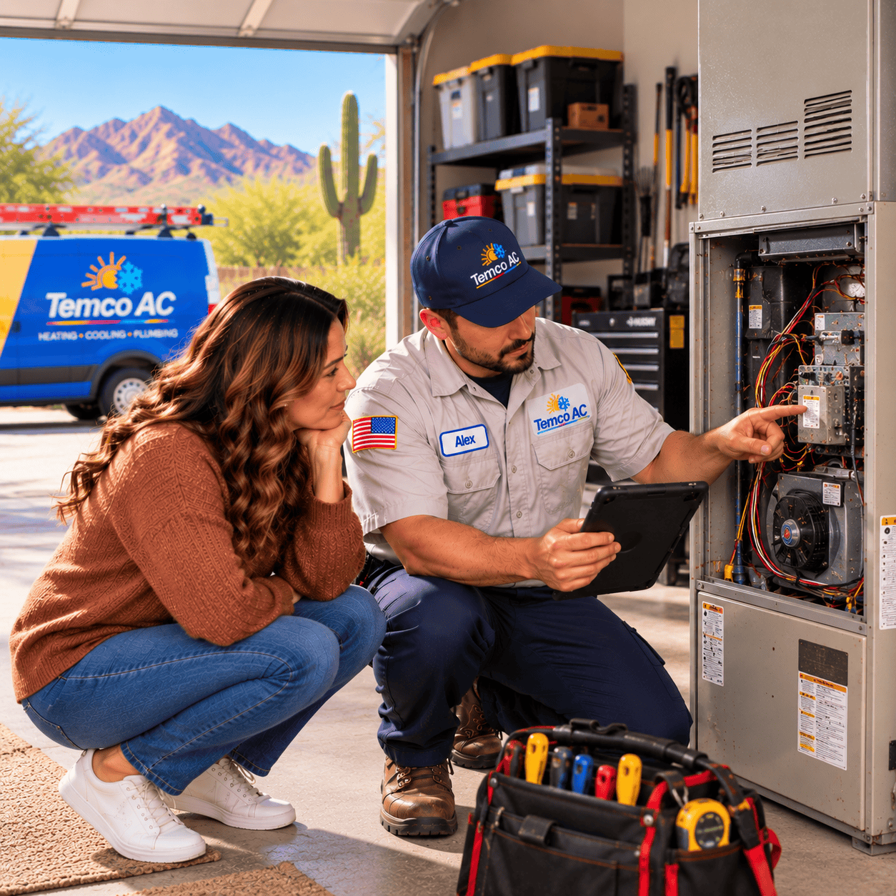 Temco AC technician diagnosing an older furnace in a Tucson homeowner's garage.