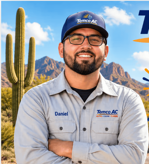 Temco AC technician servicing an air conditioning system at a Tucson-area home