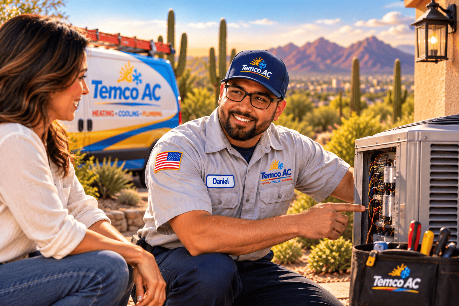 Temco AC technician discussing a Tucson air conditioning system with a homeowner