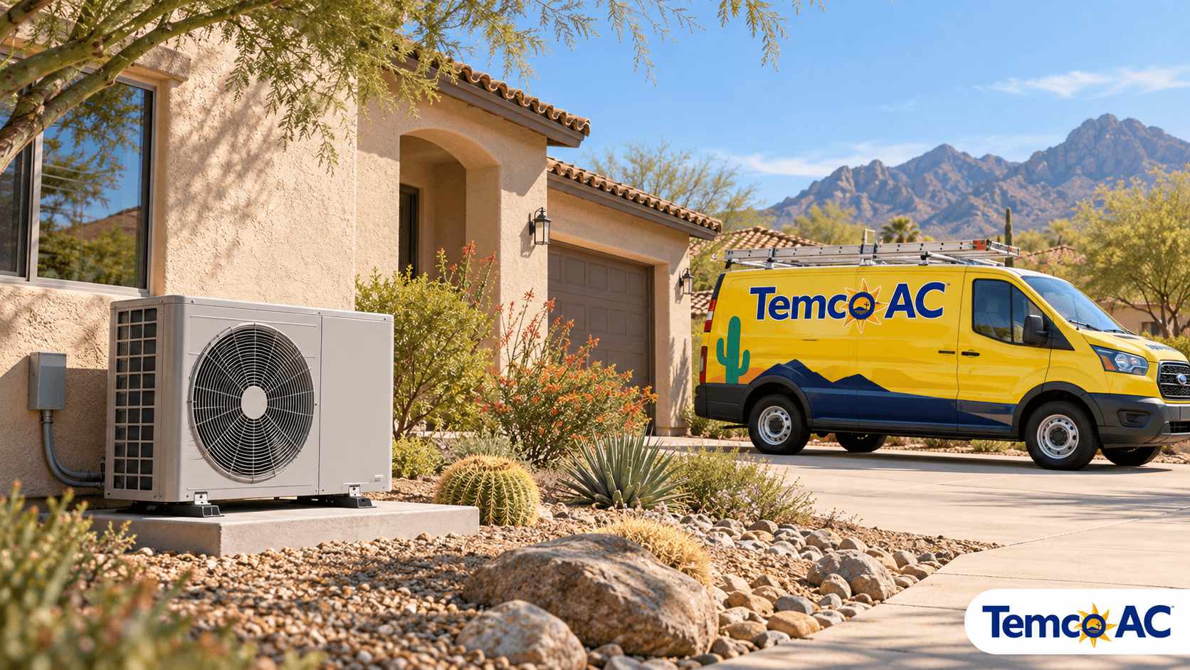 Heat pump outside a Tucson stucco home with a yellow Temco AC service van in the driveway.